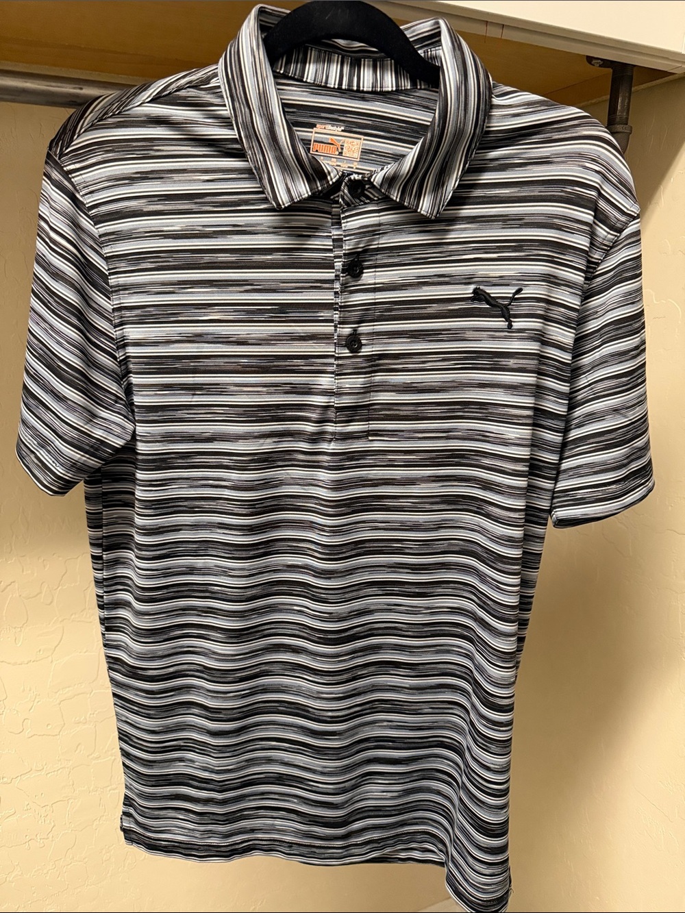 Puma Men’s Black, Gray & White Striped Polo size S